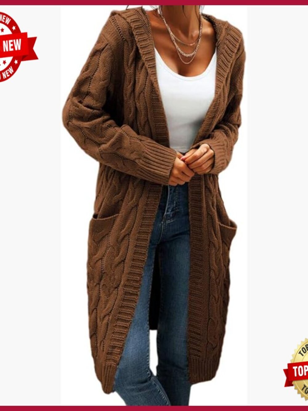 Hooded Open Front Cardigan Cable Knit Chunky Long Sweater Coat